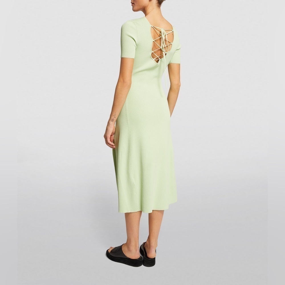 NWT MAJE Ruched Lace-Up Ribbed Stretch-Knitted Midi Dress Verts XS - Picture 5 of 14